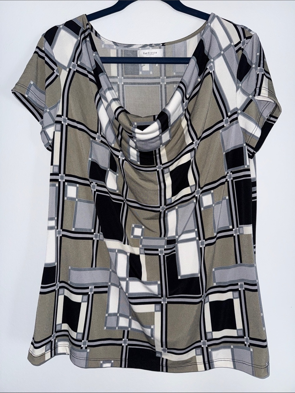 Van Heusen Olive, Black & Gray Geometric Cowl Neck Top